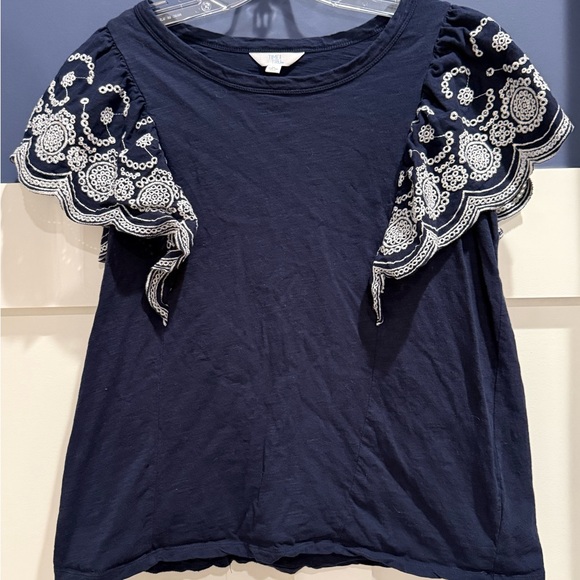 Time and Tru Tops - Time and Tru Navy Tee with White Embroidered Sleeves Like New Size XL